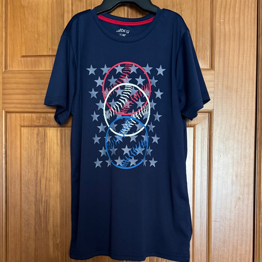 BCG Youth Boys Baseball Shirt Large 14 / 16 Navy Blue Red White Patriotic